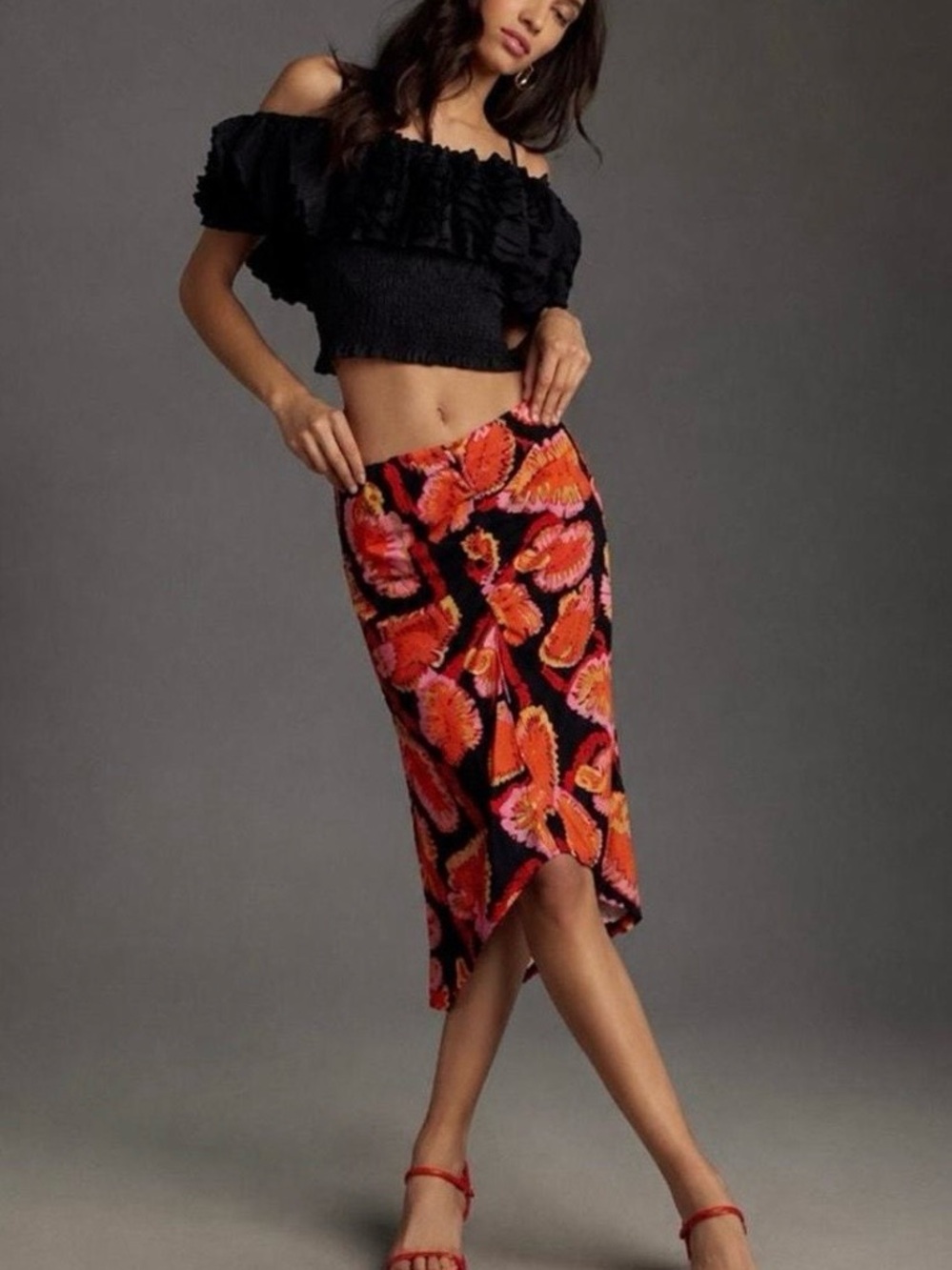 Farm Rio x Anthropologie Black Midi Skirt Floral Print